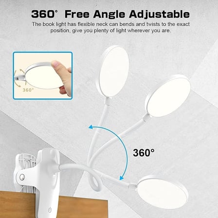 Kıskaçlı Sıkıştırmalı Mandal lamba, 360° esnek okuma lambası, kitap lambası, 3 değiştirlebilir renk, kısılabilir, dokunmatik kontrollü, yatak lambası, USB şarj edilebilir pil, göz koruması, 20 LED