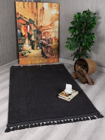Evilla Modern Dekoratif Örgü Saçaklı Simirna Peluş Halı Yolluk Krem 60 x 100