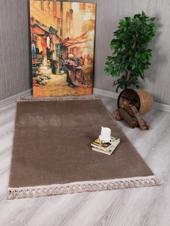 Evilla Modern Dekoratif Örgü Saçaklı Simirna Peluş Halı Yolluk Vizon 80 x 150