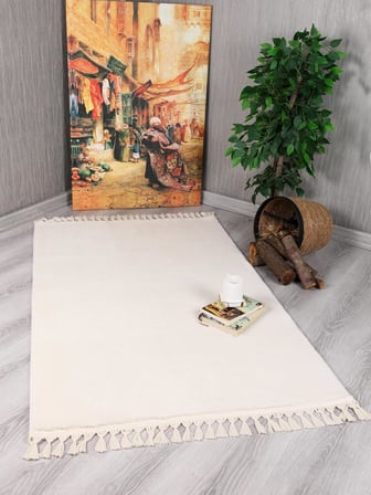 Evilla Modern Dekoratif Örgü Saçaklı Simirna Peluş Halı Yolluk Krem 100 x 150