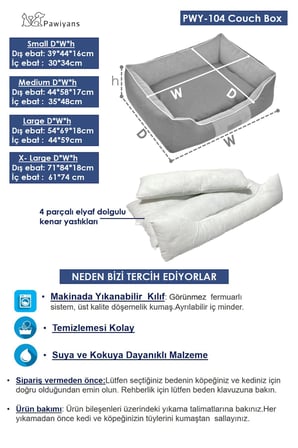 Couch Box Üst Kalite Kedi Köpek Yatağı Yıkanabilir Fermuarlı, Astarlı%100Elyaf Dolgu (Large)