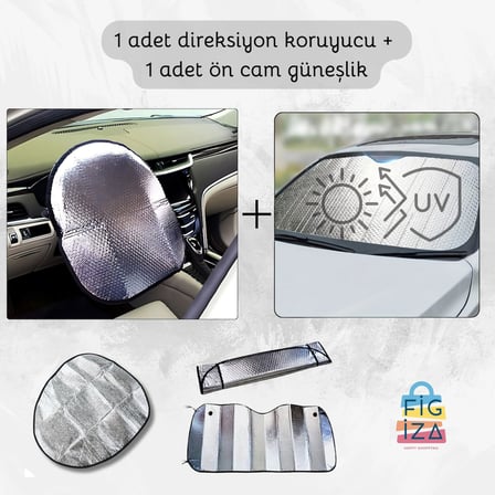 Direksiyon ve Torpido Güneşlik Seti 2li - Katlanabilir Direksiyon Güneşliği (50x50 cm) + Parlak Balonlu Vantuzlu Ön Cam Güneşliği (130x60 cm)- Evrensel Uyumluluk, Isı ve Güneş Koruması
