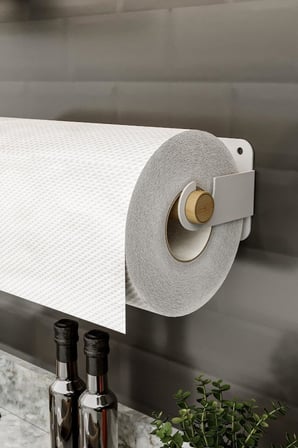 Yapışkanlı Doğal Gürgen Ağaç Ahşap Bar Metal Rulo Kağıt Havluluk, Kağıt Havlu Standı, Banyo Mutfak Havlu Çubuğu, Peçetelik Kağıt Havlu Rafı, Kağıt Havluluk Askısı (Metal, Beyaz)