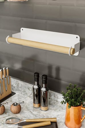 Yapışkanlı Doğal Gürgen Ağaç Ahşap Bar Metal Rulo Kağıt Havluluk, Kağıt Havlu Standı, Banyo Mutfak Havlu Çubuğu, Peçetelik Kağıt Havlu Rafı, Kağıt Havluluk Askısı (Metal, Beyaz)