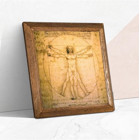 Leonardo da Vinci Vitruvius Adamı Taş Duvar Tablosu - Ahşap Çerçeveli Taş Tablo - 25x25 cm - Dekoratif Duvar Sanatı - Modern Ev ve Ofis Duvar Dekoru W1-17