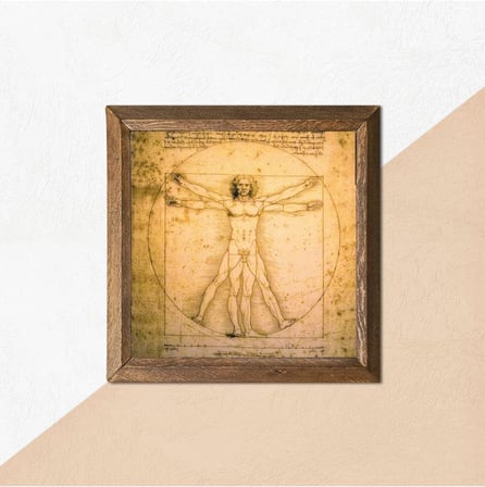 Leonardo da Vinci Vitruvius Adamı Taş Duvar Tablosu - Ahşap Çerçeveli Taş Tablo - 25x25 cm - Dekoratif Duvar Sanatı - Modern Ev ve Ofis Duvar Dekoru W1-17