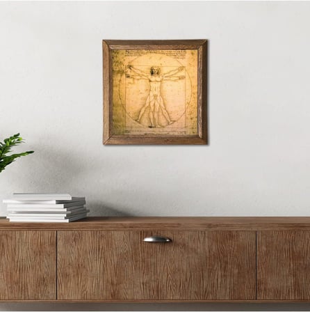 Leonardo da Vinci Vitruvius Adamı Taş Duvar Tablosu - Ahşap Çerçeveli Taş Tablo - 25x25 cm - Dekoratif Duvar Sanatı - Modern Ev ve Ofis Duvar Dekoru W1-17