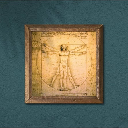 Leonardo da Vinci Vitruvius Adamı Taş Duvar Tablosu - Ahşap Çerçeveli Taş Tablo - 25x25 cm - Dekoratif Duvar Sanatı - Modern Ev ve Ofis Duvar Dekoru W1-17