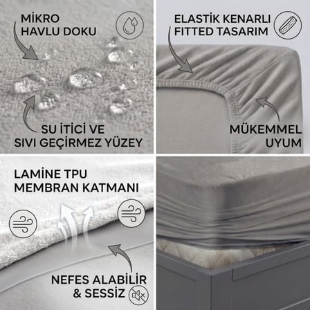 Gri Sıvı Geçirmez Alez - Tek-Çift Kişilik Alez - Mikrofiber Kumaş - Fitted(Yatağı Saran) Alez - Yatak Koruyucu Alez-Çarşaf(160x200)
