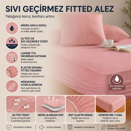 Pudra Sıvı Geçirmez Alez - Tek-Çift Kişilik - Mikrofiber Kumaş - Fitted (Yatağı Saran) - Yatak Koruyucu - 150x200 - Makinede Yıkanabilir