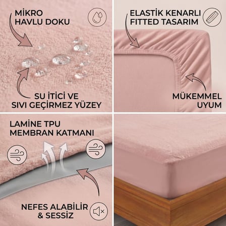 Pudra Sıvı Geçirmez Alez - Tek-Çift Kişilik - Mikrofiber Kumaş - Fitted (Yatağı Saran) - Yatak Koruyucu - 150x200 - Makinede Yıkanabilir