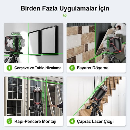 KBL36G Profesyonel Li-ion Şarjlı 4X360⁰ LCD Ekran Otomatik Hizalamalı Yeşil Çapraz Çizgi Lazer Distomat + Uzaktan Kumanda + Taşıma Çantası