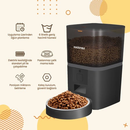 QQ003 Akıllı Otomatik Kedi Mama Kabı, Tuya App-Wifi Uzaktan Kontrol, 6lt Hazne (Siyah)