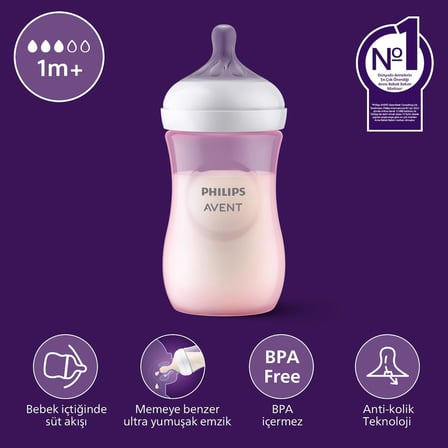 Avent Doğal Tepkili Biberon, 260 ml, 3-6 Ay+, Akıtmaz Emzik, Kolik ve Gaz Önleyici, BPA İçermez, Pembe, SCY903/11