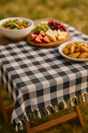 Rakip 150x150 Cm Kareli Yer Sofra Bezi Piknik Masa Örtüsü Saçaklı Siyah