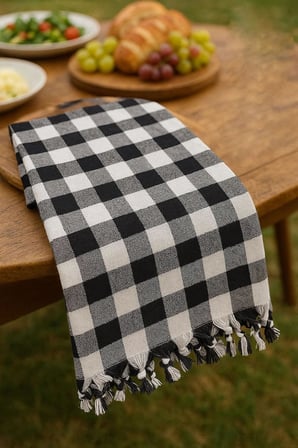 Rakip 150x150 Cm Kareli Yer Sofra Bezi Piknik Masa Örtüsü Saçaklı Siyah
