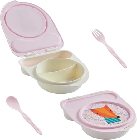 Gezgin Çocuk Taşınabilir Beslenme Kabı, Bebek Mama Kabı, Çatal & Kaşık Seti - Tilki (Pembe Tilki)