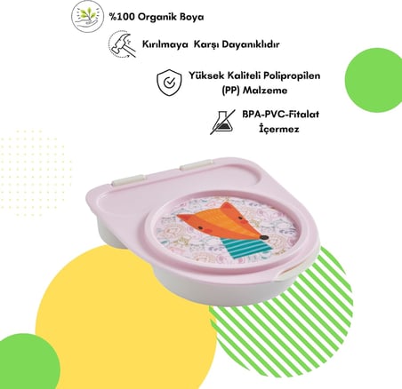 Gezgin Çocuk Taşınabilir Beslenme Kabı, Bebek Mama Kabı, Çatal & Kaşık Seti - Tilki (Pembe Tilki)