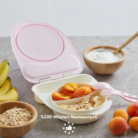Gezgin Çocuk Taşınabilir Beslenme Kabı, Bebek Mama Kabı, Çatal & Kaşık Seti - Tilki (Pembe Tilki)