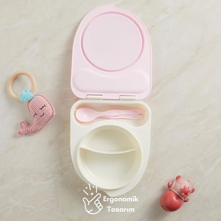 Gezgin Çocuk Taşınabilir Beslenme Kabı, Bebek Mama Kabı, Çatal & Kaşık Seti - Tilki (Pembe Tilki)