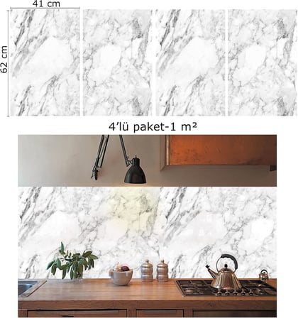 Kendinden Yapışkanlı Beyaz Mermer Desenli PVC Panel, Yapışkanlı Yer Zemin Kaplama, Duvar Kaplama, Fayans Çıkartması 41x62 cm (4 Adet / 1 m²)