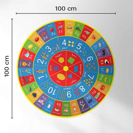 İçin Eğitici Yuvarlak Oyun Halısı, Harf Sayılar ve Şekilleri Öğrenmek için Oyun Alanı (100 x 100)