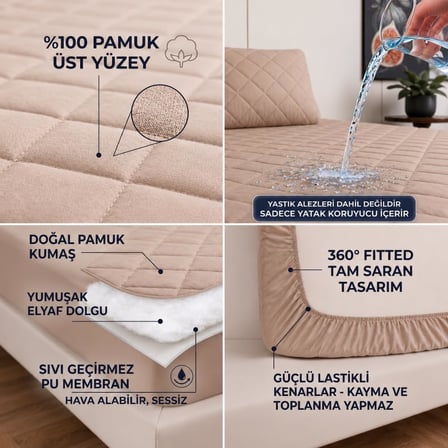 Kahverengi Kapitone Sıvı Geçirmez Yatak Koruyucu Fitted Alez Çarşaf%100 Pamuk 90X190