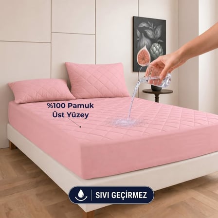 Pudra Kapitone Sıvı Geçirmez Yatak Koruyucu Fitted Alez Çarşaf%100 Pamuk 100X200