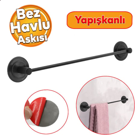 Lavabo Banyo Mutfak Yapışkanlı Bez Havlu Standı Askısı Paslanmaz Metal Siyah Uzun Bez Havluluk