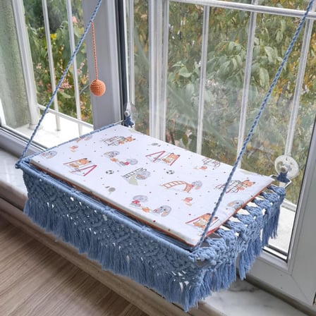 Vantuzlu Hamak Cam Kedi Yatağı, Pamuklu Mat Ve Örgü Toplu (Bebe Mavi)