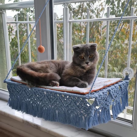 Vantuzlu Hamak Cam Kedi Yatağı, Pamuklu Mat Ve Örgü Toplu (Bebe Mavi)