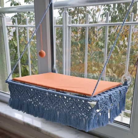 Vantuzlu Hamak Cam Kedi Yatağı, Pamuklu Mat Ve Örgü Toplu (Bebe Mavi)