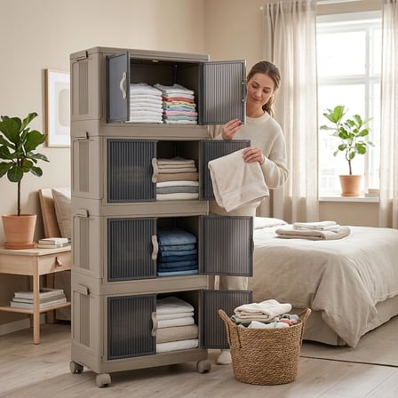 Emayhome Çok Amaçlı Kilitli Kapaklı 4 Katlı İstiflenebilir Tekerlekli Organizer Dolap, Katlanabilir Plastik Düzenleyici Raf, Mutfak Banyo Genç Odası Garaj İçin Saklama Kabini, cappuccino