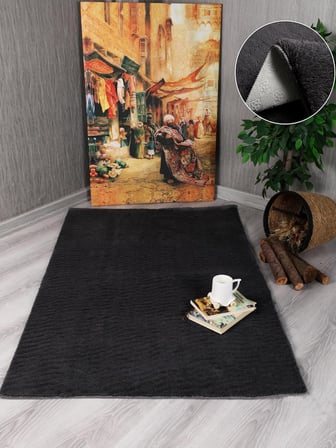 Evilla Modern Dekoratif Puffy Peluş Halı Yolluk Antrasit 100 x 300