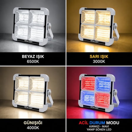 Solar LED Projektör, 3 Renk Işık Modlu Şarjlı Kamp Lambası, USB Girişli Güneş Panelli Acil Durum Işığı İP44