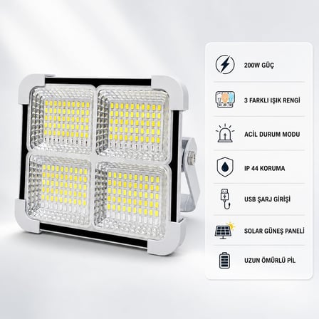 Solar LED Projektör, 3 Renk Işık Modlu Şarjlı Kamp Lambası, USB Girişli Güneş Panelli Acil Durum Işığı İP44
