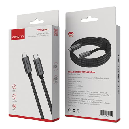 USB C'den USB C'ye, Örgülü Hızlı Şarj, Görüntü ve Veri Aktarım Kablosu PD 3.2, 5A, iPhone 15, 16, 17, M2 MacBook Pro, Air, iPad Pro ve Galaxy S25, S24, S23 ile Uyumlu