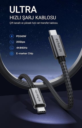 USB C'den USB C'ye, Örgülü Hızlı Şarj, Görüntü ve Veri Aktarım Kablosu PD 3.2, 5A, iPhone 15, 16, 17, M2 MacBook Pro, Air, iPad Pro ve Galaxy S25, S24, S23 ile Uyumlu