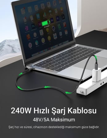 USB C'den USB C'ye, Örgülü Hızlı Şarj, Görüntü ve Veri Aktarım Kablosu PD 3.2, 5A, iPhone 15, 16, 17, M2 MacBook Pro, Air, iPad Pro ve Galaxy S25, S24, S23 ile Uyumlu