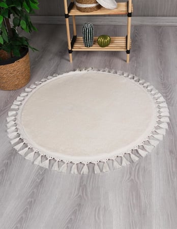 evilla Modern Dekoratif Yuvarlak Puffy Peluş Ponpon Saçaklı Salon Oturma Odası Halısı Krem 120 x 120