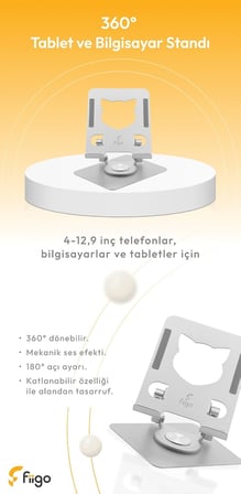 360 Derece Dönebilen Tablet ve Telefon Standı Kedi Figürlü Metal Silver
