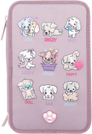 12843 TOPModel - Dolu 3 Bölmeli Kalem Kutusu, Mor Renkli, LED ve Köpek Motifli, Renkli Kalemler, Cetvel, Makas vb. İçeren Kalem Kutusu