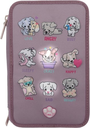 12843 TOPModel - Dolu 3 Bölmeli Kalem Kutusu, Mor Renkli, LED ve Köpek Motifli, Renkli Kalemler, Cetvel, Makas vb. İçeren Kalem Kutusu
