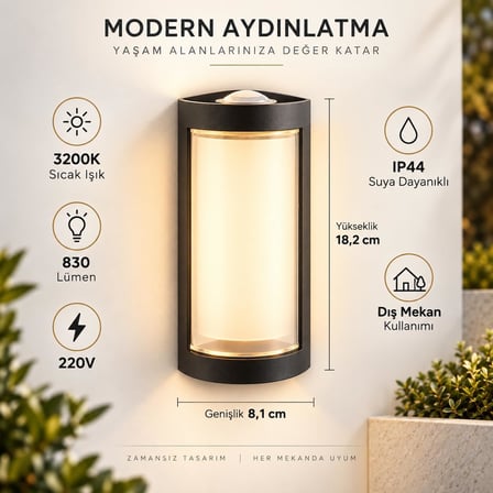 9W LED Dış Mekan Duvar Apliği – 3200K Gün Işığı, 830 Lümen, IP44, 220V, Bahçe Balkon ve Cephe Aydınlatma