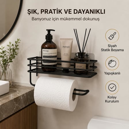 Banyo Yapışkanlı Siyah Raflı Solo Havlu Askısı, Delmeden Montaj Banyo ve Mutfak Duvar Tipi Havluluk Organizer