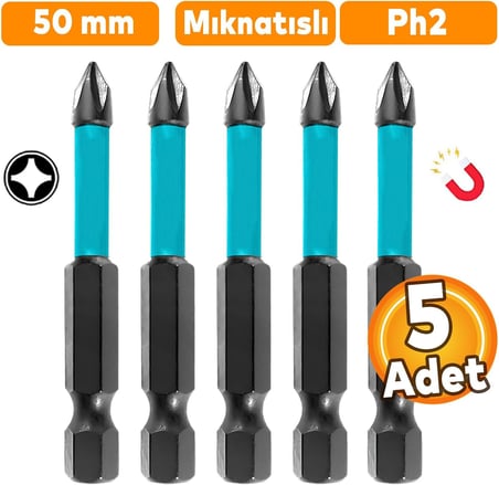 5 Adet Mıknatıslı Bits Uç Ph2 50 mm Vida Sökme 5 Cm Yıldız Matkap Vidalama Ucu S2 Çeliği
