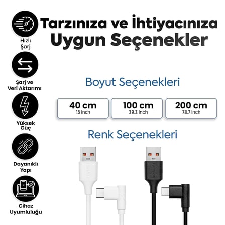 Type-C ile Uyumlu iPhone ve Samsung ile Uyumlu Hızlı Şarj ve Data Kablosu 200 cm L Tipi Gaming (Siyah)