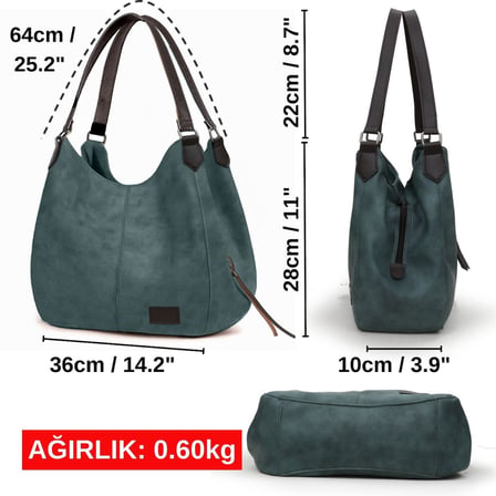 Vintage Kadın PU Deri Günlük Omuz Çantası Üç Bölmeli Hobo - Tote El Çantası