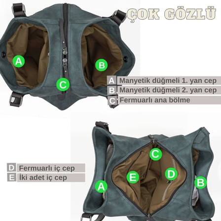 Vintage Kadın PU Deri Günlük Omuz Çantası Üç Bölmeli Hobo - Tote El Çantası