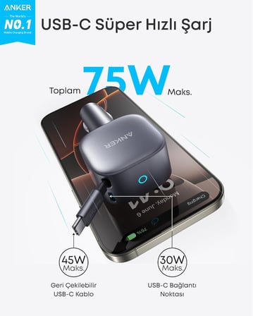 Nano USB-C Araç Şarj Cihazı, 75W, Ultra Kompakt Type-C Hızlı Şarj Cihazı, Entegre Geri Çekilebilir Kablo, Gri - A2738